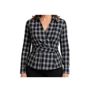 TALBOTS Stretch Black & White Plaid Cotton Blend Faux Wrap Top Side Zip Size 6